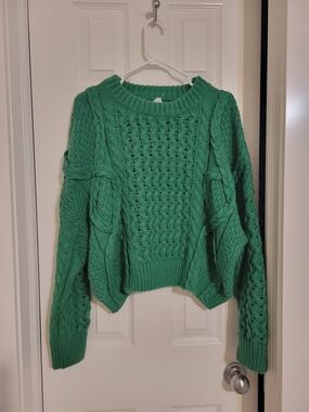 Dreamers By Debut Bright Green Cable Knit Scoop Sweater Size L